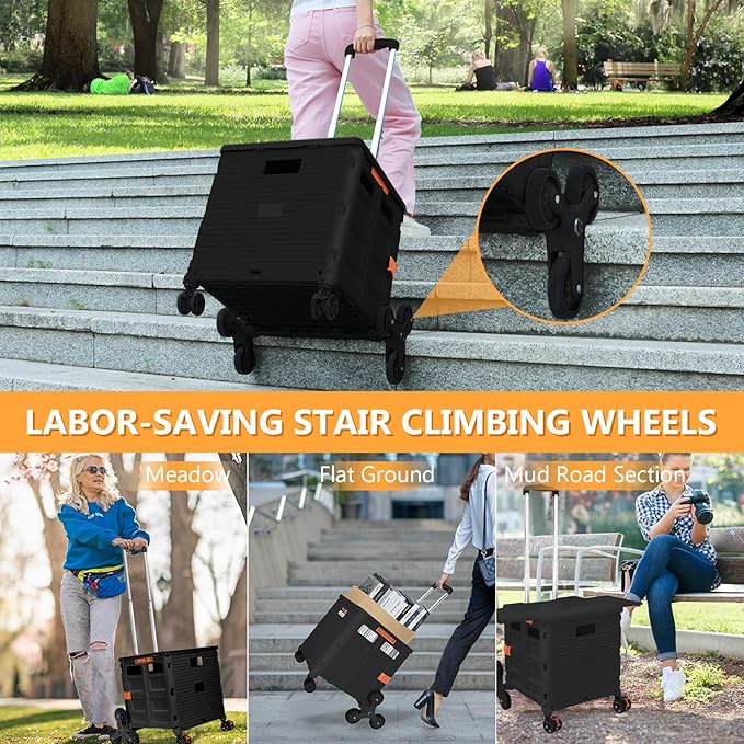 Foldable Utility Cart with Stair Climbing Wheels,Collapsible Rolling Crate with Magnetic Lid Telescopic Cover,Telescoping Handle,360° Rotate Wheel Hand Cart for Teacher Shopping Moving Grocery(Black)
