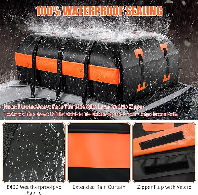 21 Cubic Feet Car Rooftop Cargo Carrier Bag,100% Waterproof Heavy Duty 840D Rooftop Cargo Bag for All Vehicle with/Without Racks,Includes Anti-Slip Mat,6 Door Hooks,Luggage Lock and Storage Bag