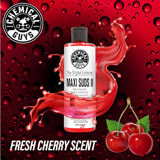 Chemical Guys CWS_101_16A Car Wash, Dry & Shine Bundle - Maxi-Suds II Foaming Car Wash Soap, 16 oz, Cherry Scent + After Wash Gloss Boosting Drying Aid (16 oz) (2 Items)