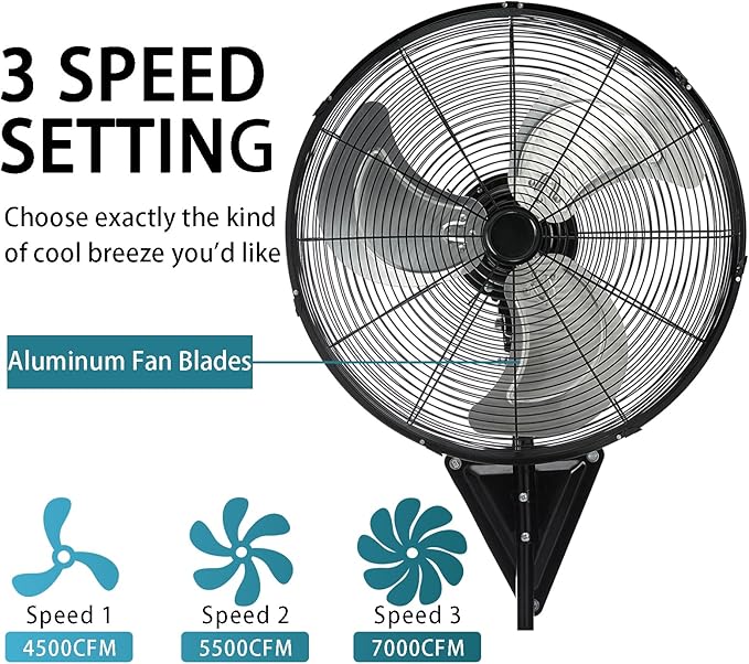 AZOUTDOOR 20" Wall Mount Fan 7000 CFM High Velocity Wall Industrial Fan 120° Oscillating Fans 3-Speed for Household, Commercial Use - ETL Listed, Black
