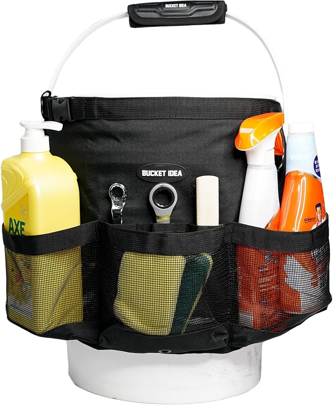 KUNN Car Wash Bucket Tool Organizer for 5 Gallon Bucket with Towel Holder Ring,Soap Pockets Cleaning Bucket Organizer Water-Resistant Mesh Pockets for Clean Supplier,Car Wash Supplier Black
