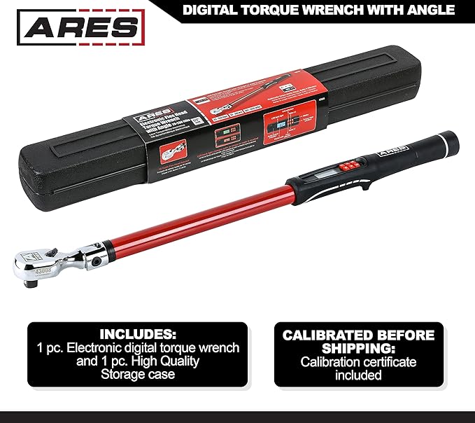 ARES 43008-1/2-Inch Drive Flex Head Electronic Digital Torque and Torque Angle Wrench - 25-250 ft/lbs (34-340Nm) - Reversible Sealed Head - Multi-Alert Prevents Over-Torquing