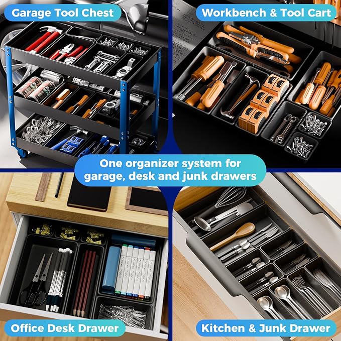 6 Large Tool Box Organizer Trays with EVA Non-Slip Pads, L-Size Desk Drawer Organizer Bins for Garage Tools, Toolbox Storage Trays for Rolling Tool Chest, Desk, Kitchen and Cabinet (L_6PCS_Black)