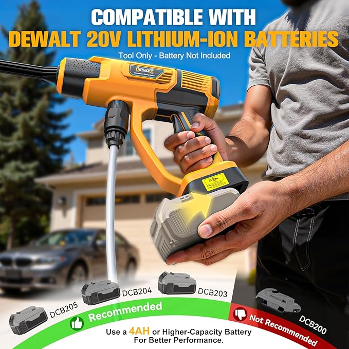 Cordless Pressure Washer Compatible with DeWalt 20V Battery, 800PSI Ultra-Light 2.2LBS with Brushless Motor, 16.4ft Hose & 6-in-1 Nozzle + Foam Cannon for Car, Patio, Fence (Tool Only)