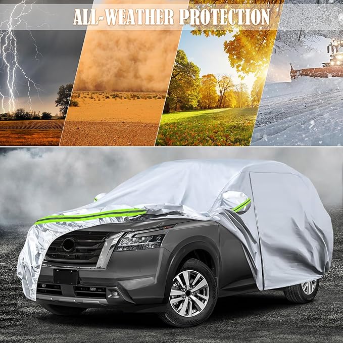 Waterproof Car Covers Replace for 2012-2025 Nissan Pathfinder, 6 Layers Silver All Weather Custom-fit Car Cover with Zipper Door & Windproof Bands for Snow Rain Dust Hail Protection