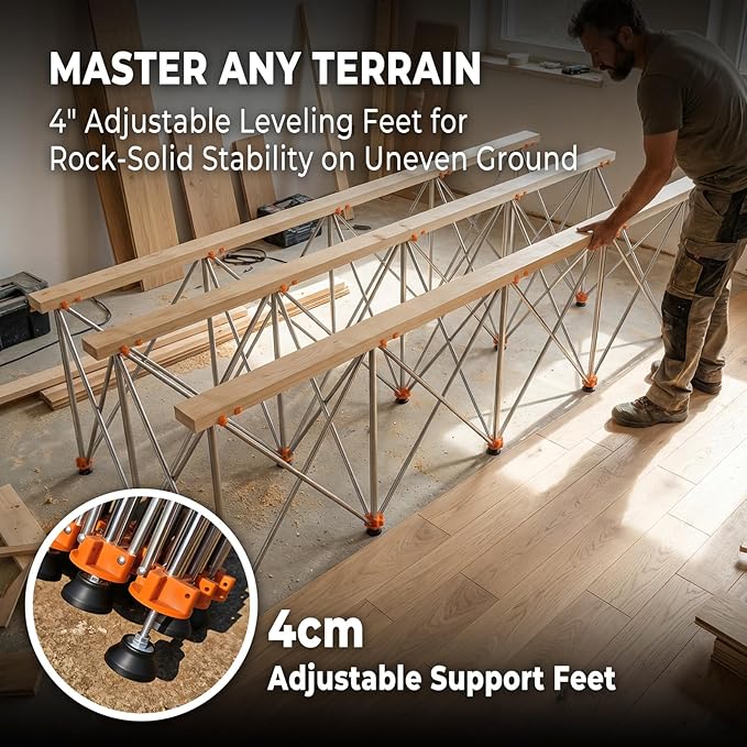 8'x4' Heavy Duty Portable Folding Workstand - 6,500 lbs Capacity Collapsible Workbench with Thickened Legs, Round Steel X-Braces & 4" Adjustable Leveling Feet - Instant Setup for Jobsite & Garage