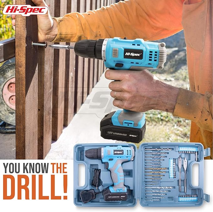 Hi-Spec Cordless Drill Set 50pc 12V Electric Power Driver in a Toolbox Case. Includes Rechargeable Battery, Power Screwdriver Bits, Wood, Metal, and Masonry Drill Bit Set Accessories