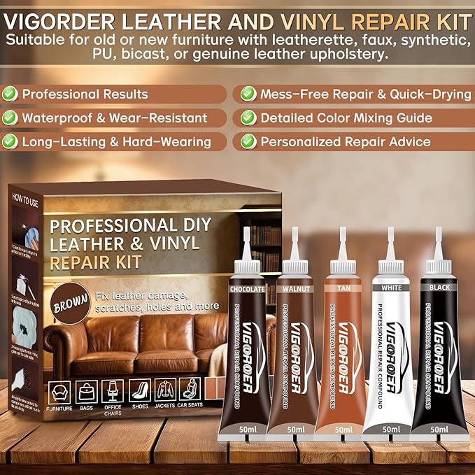 Brown Leather Repair Kit for Furniture, Leather Couch Repair Kit for Furniture, Sofa, Jacket, Purse – Super Easy Instructions to Fix Scratches, Tears, Holes, and Peeling