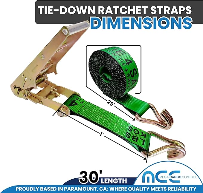 Mega Cargo Control J Hook Ratchet Straps, 3" x 30' Heavy Duty Tie Downs for Cargo Hauling, Flatbeds, Trailer (Green, 2 Pack)