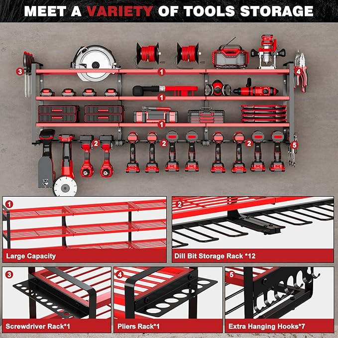 NattyDot 48" Large Power Tools Organizer Wall Mount,12 Drill Holder for Garage, Workshop Heavy Duty Storage Rack (Red)