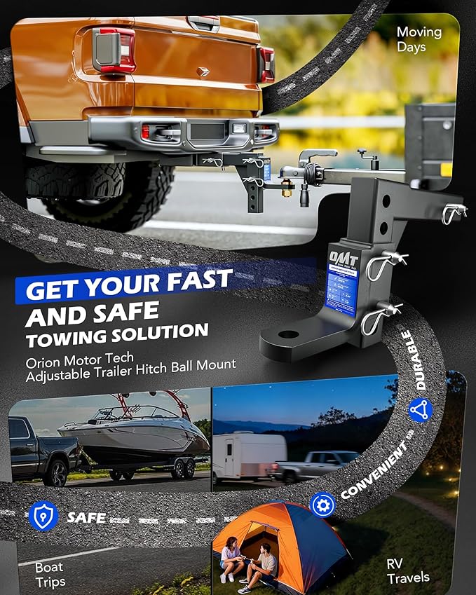 Orion Motor Tech Adjustable Trailer Hitch Ball Mount, 8-Position Tow Hitch for 2" Receiver with 1" Ball Hole 9-1/2" Drop 8-1/4" Rise 5000 lb Capacity, Heavy-Duty Ball Hitch for Truck Boat RV Cargo
