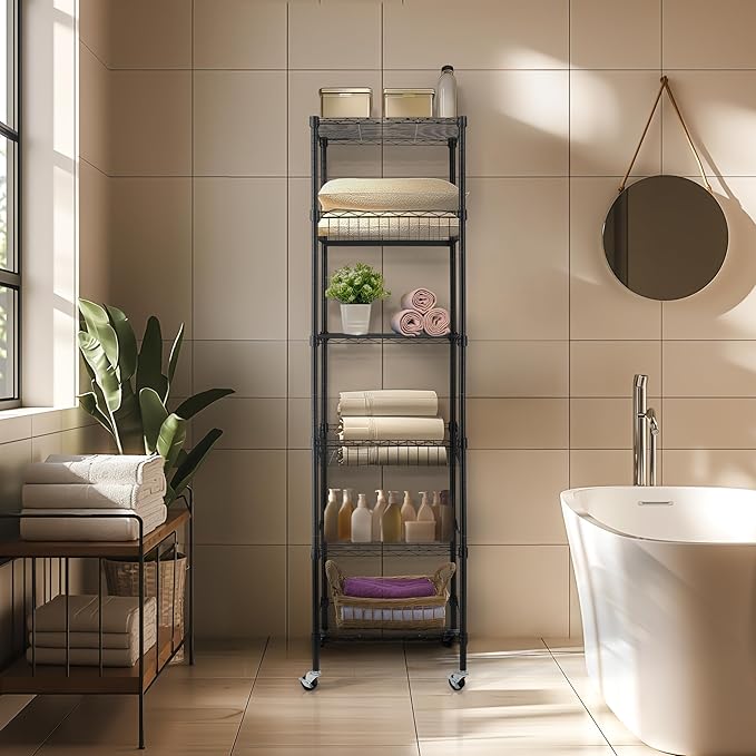 Finnhomy Heavy Duty 6 Tier Wire Shelving Unit with Wheels 18x18x72-inches 6 Shelves Metal Storage Rack Thicken Steel Tube, Adjustable Shelving Rack for Kitchen Bathroom Office, NSF Certified, Black