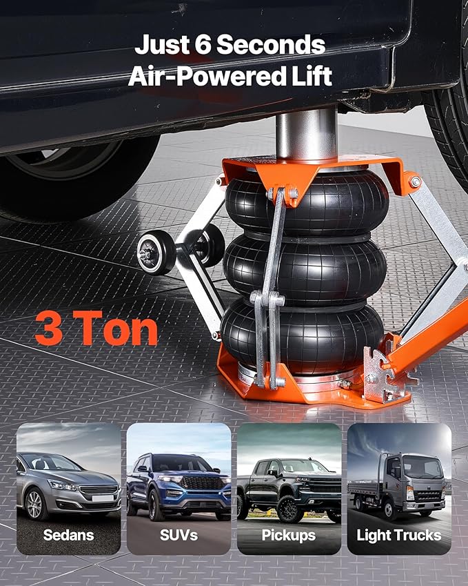 VEVOR Air Jack with Support Rod, 3 Ton/6613 lbs Triple Bag Air Jack, Lift Up to 18.5 inch with Heightened Column & Adjustable Handle, 1-6 s Fast Lifting Pneumatic for Car, SUV, Pickup Truck