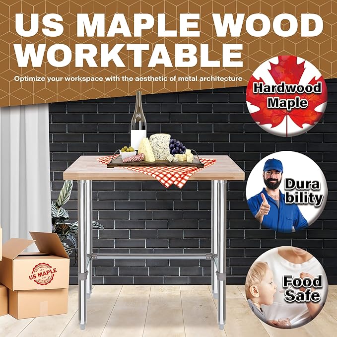 DuraSteel US Maple Top Work Table - 24 x 36 x 35 Inch Commercial Butcher Block Wooden Workbench with Open Base Stabilizing Leg Cross Braces - Fits Restaurant, Warehouse, Home, Kitchen, Garage