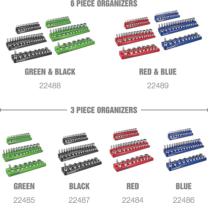 OEMTOOLS 22489 6 Pack Set Metric and SAE Magnetic Socket Organizers, Tool Box Socket Organizer for 1/4, 3/8, and 1/2 Inch Drive Sockets, Red and Blue