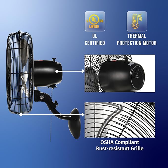 Tornado - 16 Inch Pro Series Oscillating Wall Mount Fan - High Velocity Heavy Duty Metal Wall Mount Fan for Industrial, Commercial, Residential, and Greenhouse Use - UL Safety Listed
