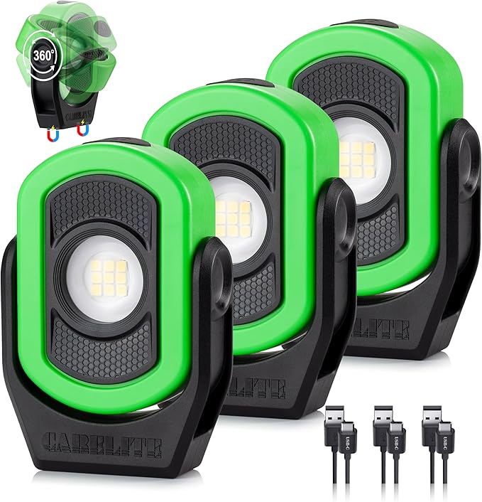 Magnetic Work Light – 780 Lumen Compact Pocket Light, Rechargeable 3000mAh, 360° Pivot, Durable & Portable for Mechanics & Jobsites (Green, 3-Pack)