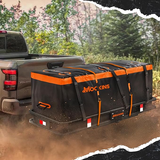 Mockins 16 Cu.Ft. Trailer Hitch Cargo Carrier Bag | 58"x20"x24" Abrasion-Resistant Vinyl Cargo Bag for Hitch Carrier | Waterproof Truck Bed Storage Set w/Buckle Straps, Combination Lock & Carry Case