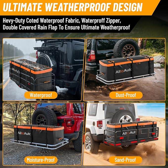 25 CuFt Waterproof Cargo Bag for Hitch Carrier | 60"x24"x31" Trailer Hitch Cargo Carrier | Weatherproof Truck Bed Storage with Straps, Lock & Carry Case | PVC Vehicle Soft-Shell Carriers