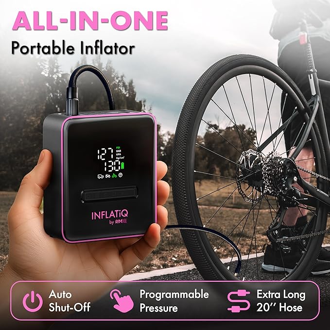 INFLATiQ by RIMiQ Tire Inflator Pink - Powerful, Award-Winning QWIKFLOW Technology with 2 Portable Power Options Included - Strong Vehicle Air Pump for Trucks, Cars, Motorcycles, Bicycles, Balls