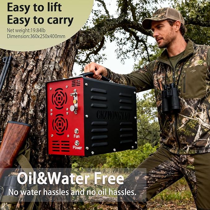 PORTAIR 4500PSI Portable HPA Compressor,Auto-Stop, Oil/Water-Free, Built-in Power Converter PCP Air Compressor for Air Rifle, Scuba Tank, Powered by Car Battery 12V DC or Home 110V AC (Black)