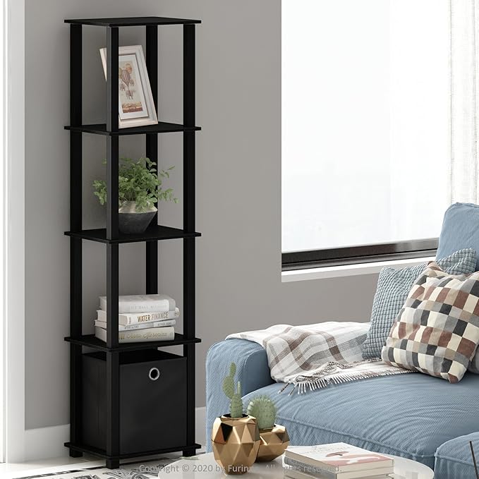 Furinno Turn-N-Tube Book Shelf, 5-Tier Square Open Frame Display Shelf, Corner Storage Shelves with Storage Bin, Shelving Unit, for Organization and Storage, Living Room, Garage, Home Office, Black