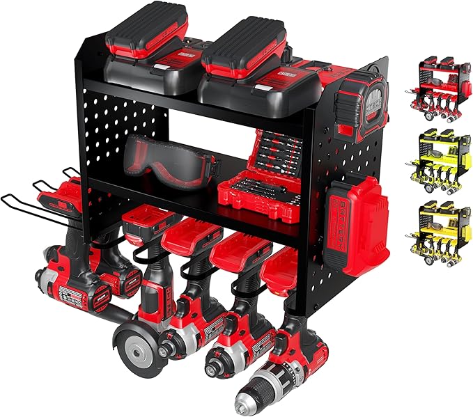 BUILTSTRONG Power Tool Organizer-6 Drill Holder Wall Mount, 3 Tier Heavy-Duty Hand Tool Storage Rack, Utility Racks, Drill Holder, 2 Pegboard Sides - Garage Storage Cordless Tool Organizer (Black)