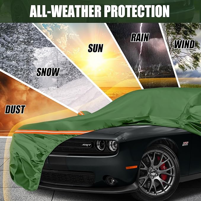 Waterproof Car Covers Replace for 2008-2025 Dodge Challenger, Multilayer Heavy Duty with Cotton Liner All Weather Car Cover with Zipper Door, Windproof Bands for Snow Rain Dust Protection