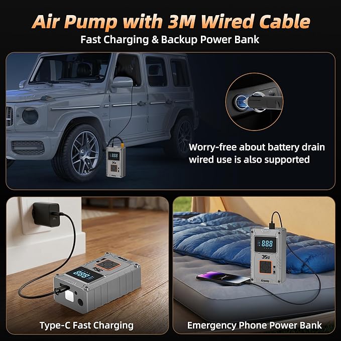 Tire Inflator, 150 PSI Air Compressor with 6000mAh Battery, Car Tire Pump, Air Pump for Car Tires, Bike Inflator, Car Accessories for Cars, Motorcycles & Bikes