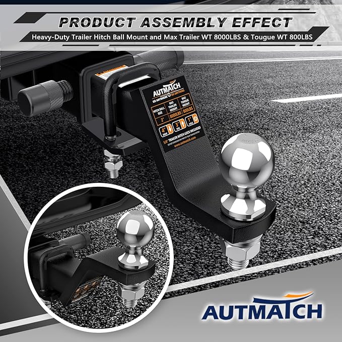 AUTMATCH Trailer Hitch Ball Mount with 2 Inch Hitch Ball - Fits 2" Receiver with Hitch Tightener, 8000Lbs Capacity Ball Hitch, 4-Inch Drop with 5/8" Hitch Lock Pin, Frosted Black