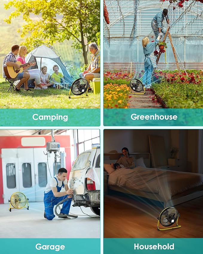 ZHULI 10" Portable Battery Operated Floor Fan, Rechargeable Cordless Camping Fan, Hi-Velocity Brushless Motor, Metal blade, USB Phone Charge, 8~60H Runtime, Quiet, Wireless, For Outdoor Home Workshop