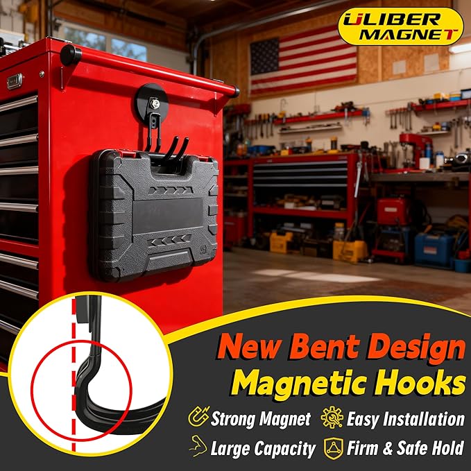 ULIBERMAGNET Upgraded Extra Large Magnetic Hooks,2 Pack Heavy Duty Ultimate Magnetic Hooks for Metal Cabinet,Pegboard,Garage Shelve,Tool Shed,RV,Shipping Containers (Black/3.46inch)