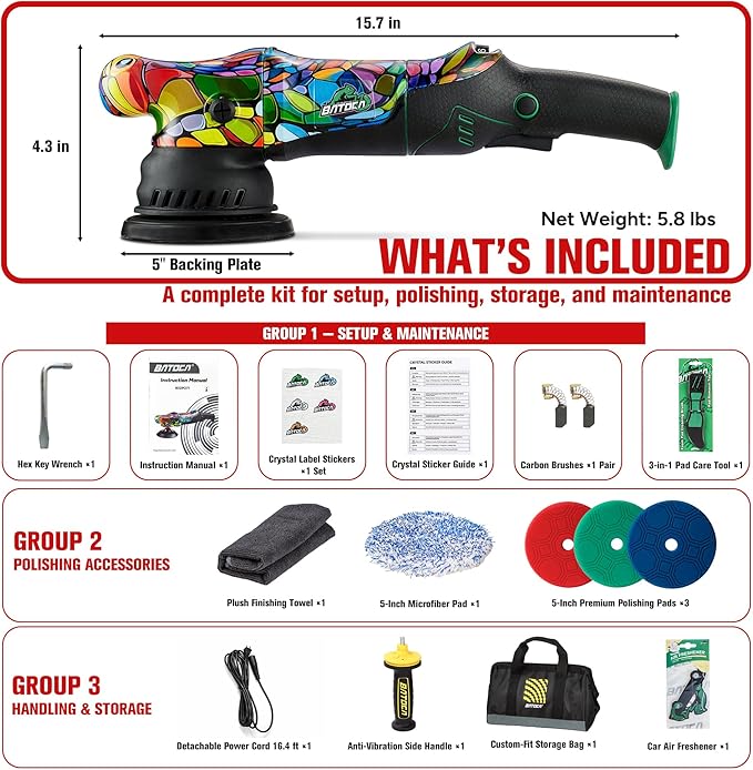 BATOCA P1 Buffer Polisher Kit, 1000W High-Torque Car Buffer - 5-Inch 15mm Long-Throw 6-Speed Dual Action Polisher - Deluxe Set with Custom Bag, 16.4ft Detachable Cord, Anti-Vibration, Pad Care Tools