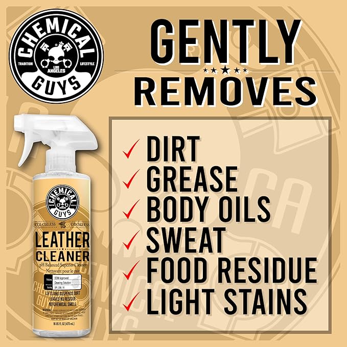 Chemical Guys Colorless and Odorless Leather Cleaner - Safe for Natural, Synthetic, Faux, and Pleather, Car Interior Cleaner, Safe for Furniture, Boots, Apparel, & More - 16 oz