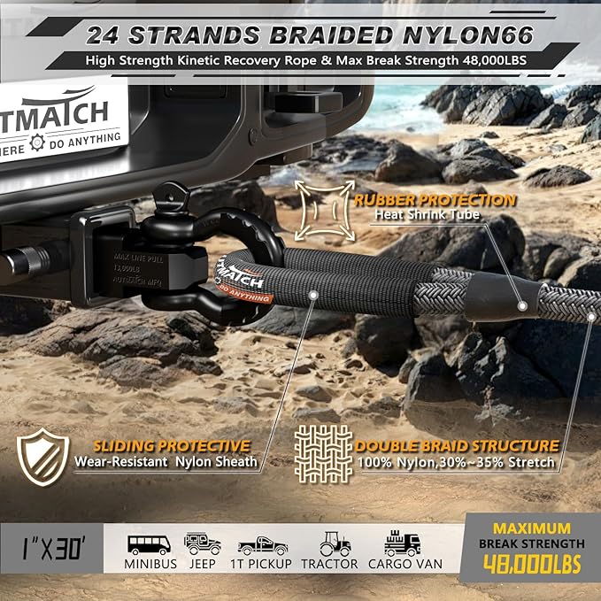AUTMATCH Kinetic Recovery Tow Rope 1" x 30FT - Heavy Duty Energy Recovery Tow Rope 48000Lbs, 35% Elasticity Offroad Snatch Strap for 4x4 Off-Road Vehicle, Truck, Trailer, ATV, UTV, Gray