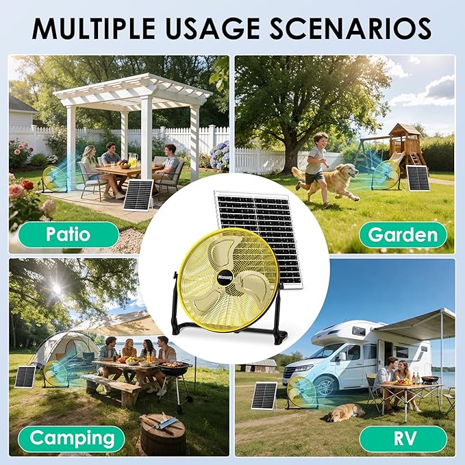 20'' Large Solar Fan, Portable Battery Operated Fan, Wireless Camping Fan Outdoor, Rechargeable Solar Powered Floor Fan, 360° Tilt, USB Output, for Home Gazebo Greenhouse Outside Gym