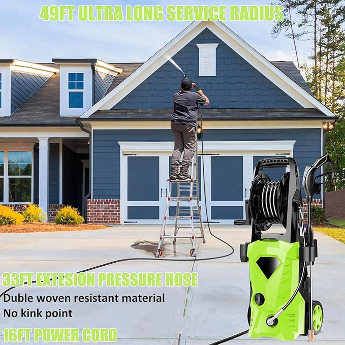 5000PSI Electric Pressure Washer - 2025 New Power Washer with Upgraded 33ft Pressure Washer Hose Reel, Foam Cannon, 4 Nozzle Set, Power Washer for House/Patios/Car/Fence, Green