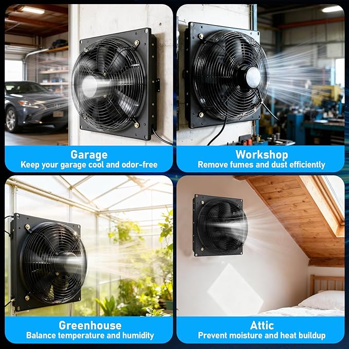 12 Inch Shutter Exhaust Fan with Automatic Louvers, 764 CFM 37W 110-120V Wall Mounted Louvered Exhaust Fan for Garage, Greenhouse, Attic, Barn, Workshop – Quiet Pure Copper Motor, All-Metal Housing