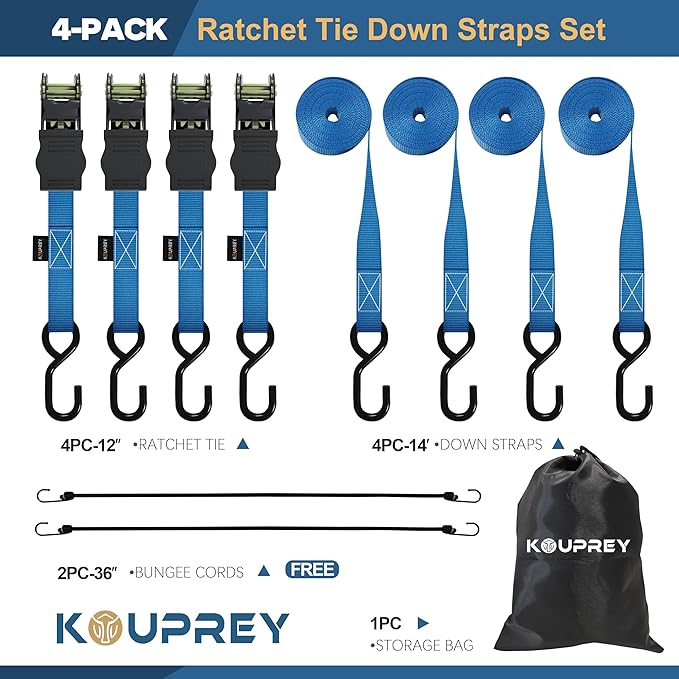 Ratchet Straps,Boat Tie Down Straps to Trailer, Motorcycle Straps,Kayak Tie Downs, 4-PK 1" x 15ft, 1800 LB Break Strength Safety S-Hook & 2 Bungees, Rubber Coated Handle Blue