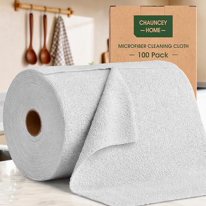 Microfiber Cleaning Cloth Roll - 100 Pack Tear Away Microfiber Paper Towels, Reusable, Washable, Scratch-Free, Kitchen Towels for Car, Home, Kitchen, Glass, Dishes (Light Grey)