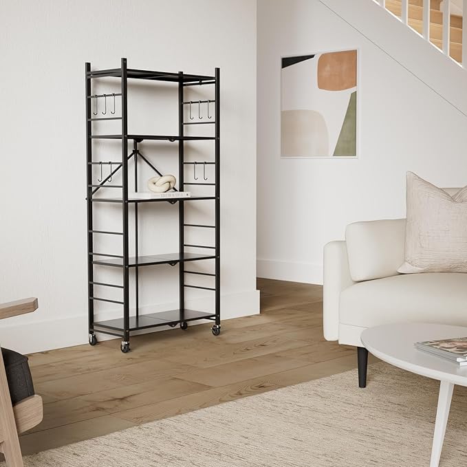 Himix Storage Shelves with 20 Hooks, 5-Tier Collapsible Organization Storage Rack Bookshelf Folding Pantry Shelves Cube Shelf Wire Shelving Holds 440 Ibs for Garage Kitchen Room, Black