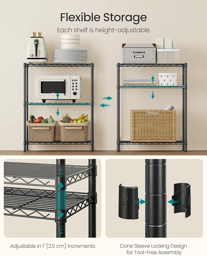 SONGMICS Storage Shelf, Metal Wire Shelving Unit, Adjustable Shelves, for Garage, Bedroom, Living Room, Kitchen, Pantry, 3 Tier, 11.8 x 23.6 x 30 Inches, Ink Black ULGR163BH01S