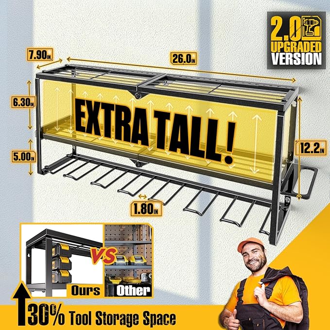 Spampur Power Tool Organizer for Tool Storage, Drill Holder Wall Mount with Screwdriver Organizer, Tool Holder for Garage Wall Organization, Heavy Duty Metal Tool Shelf with Battery Holder