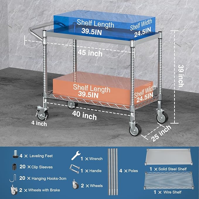 Leteuke 2 Tier Utility Tool Cart with Wheels, Heavy Duty Rolling Utility Carts with Handle, Commercial Grade Metal Serving Storage Cart for Warehouse Garage Kitchen, 25" D x 38.98" W x 40" H-Silver