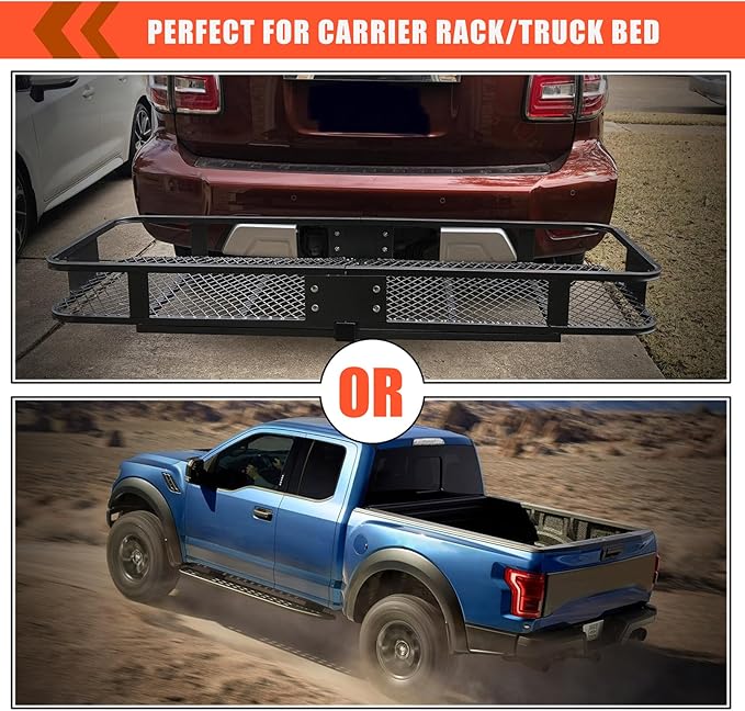 MeeFar Hitch Mount Cargo Carrier Bag Soft Shell 100% Waterproof 19.7 Cubic Feet (59" 24" 24") Include 8 Reinforced Straps for Truck Pickup All Vehicle with Steel Cargo Basket
