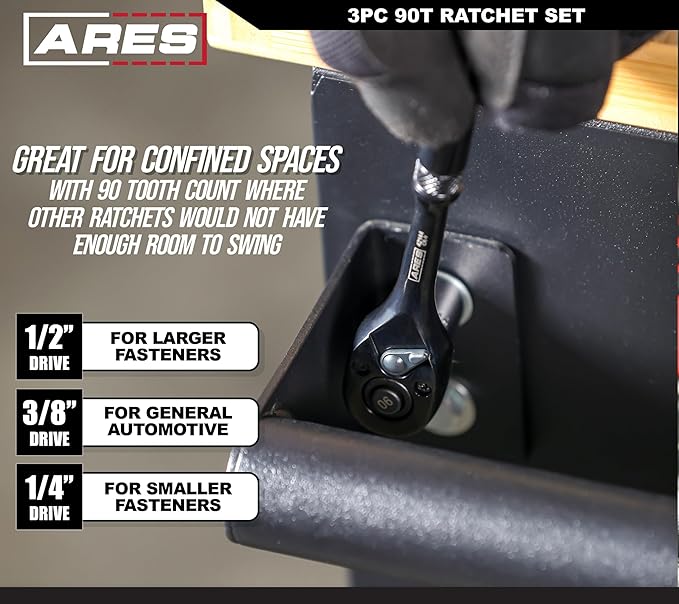 ARES 42143-3-Piece 90 Tooth Ratchet Set - Chrome Vanadium Steel, Black Oxide Finish - Quick Release for Easy Socket Change - Reversible Design - 4 Degree Swing – Automotive Ratchet Set