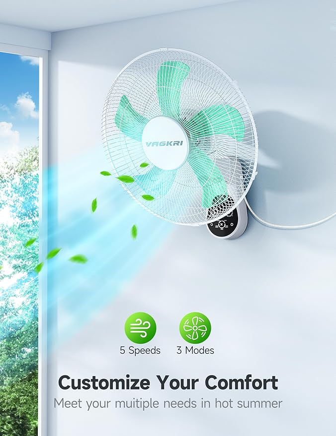 VAGKRI Wall Mount Fan, 16 Inch Quiet Oscillating Fan with Remote, 5 Blades, 5 Speeds, 3 Wind Modes, 8 Hour Timer for Home Office Bedroom Living Room Garage