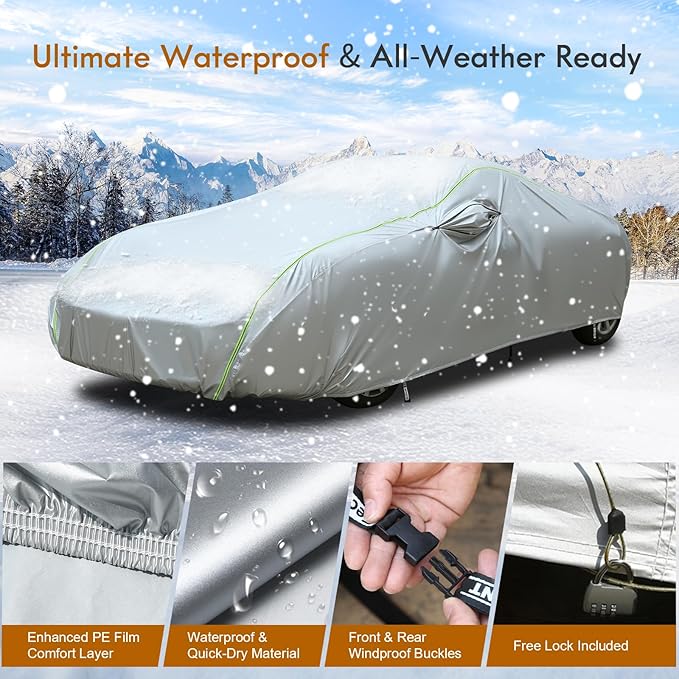 Tecoom Car Cover Waterproof All Weather, Windproof UV Sun Rain Snow Protection Outdoor Full Cover with Top Reflective Strip, Door Zipper, Fit for Coupe/Convertible/Sport Cars (167-172 Inches)