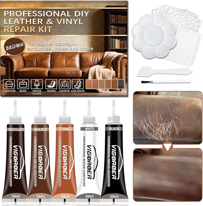 Brown Leather Repair Kit for Furniture, Leather Couch Repair Kit for Furniture, Sofa, Jacket, Purse – Super Easy Instructions to Fix Scratches, Tears, Holes, and Peeling