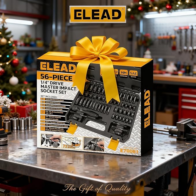 ELEAD 1/4" Drive Impact Socket Set, 56-Piece Standard SAE (5/32 to 9/16 inch) and Metric (4-15mm) Size, Deep & Shallow, 6 Point, Cr-V, 72-Tooth Ratchet Handle, Extension Bar, Universal Joint